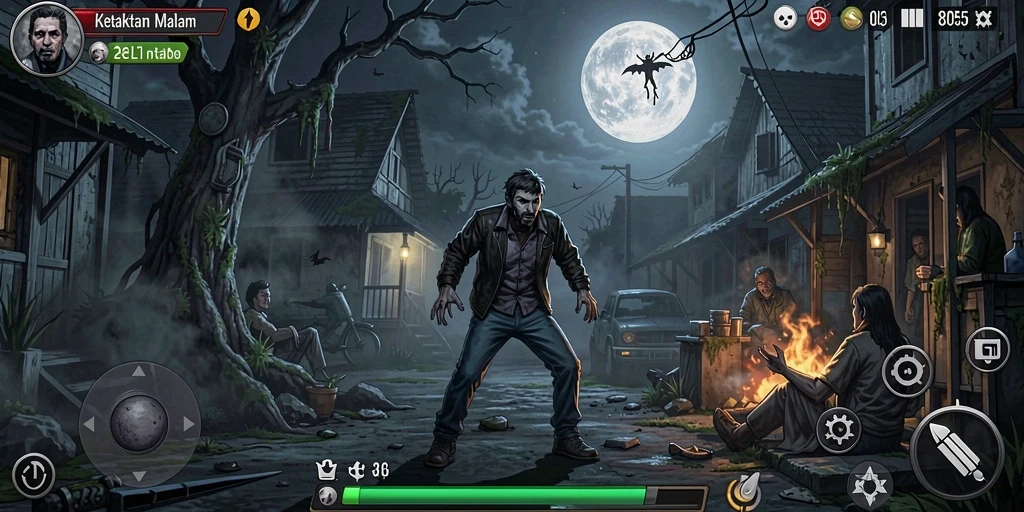 Gameplay menyeramkan di kegelapan malam dengan makhluk mengerikan.