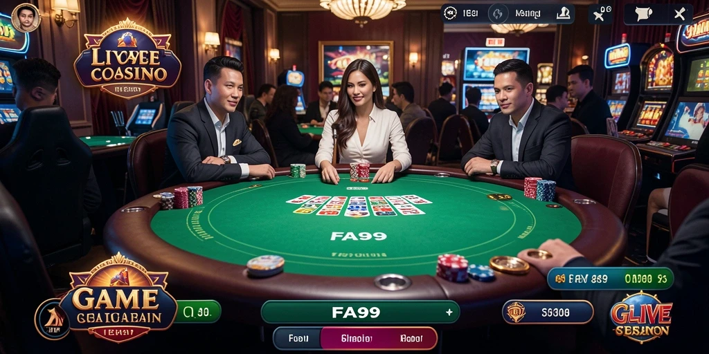 Screenshot gameplay FA99 menampilkan dealer langsung dan meja permainan yang atraktif.