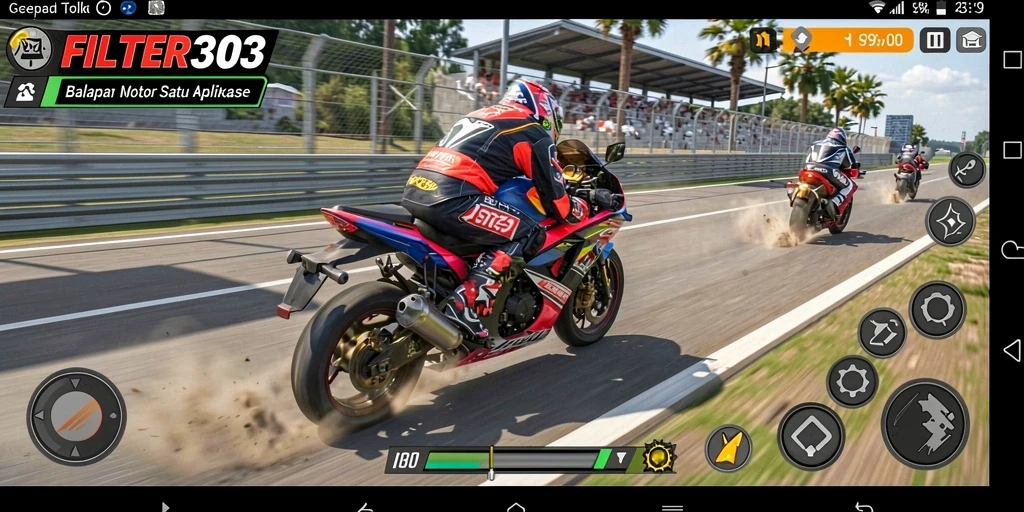 Screenshot utama FILTER303 menampilkan aksi balapan motor yang mendebarkan.