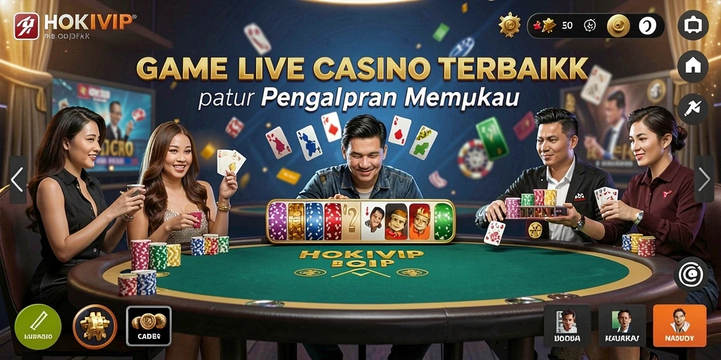 Screenshot utama HOKIVIP menampilkan dealer langsung dalam suasana kasino yang mengesankan.