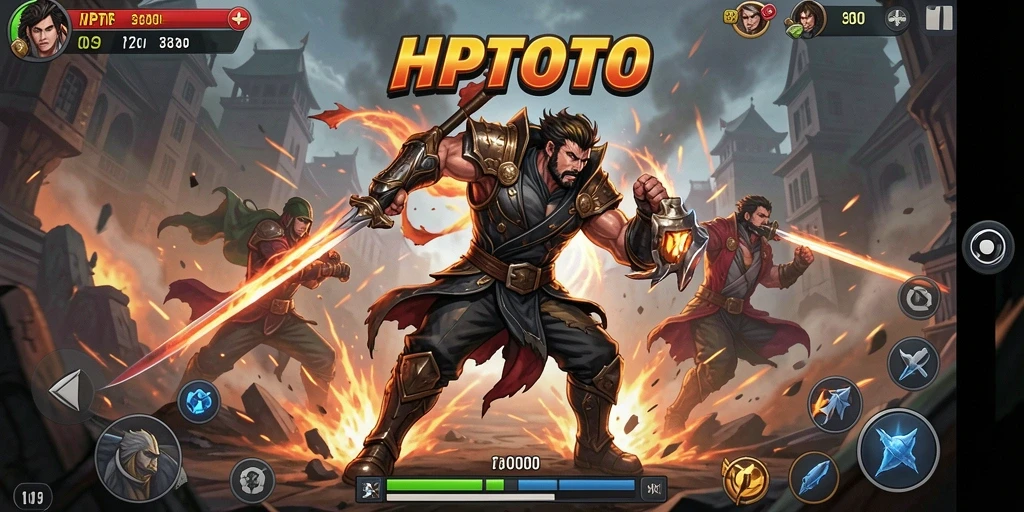 Screenshot HPTOTO menunjukkan pertarungan intens antara karakter di arena.