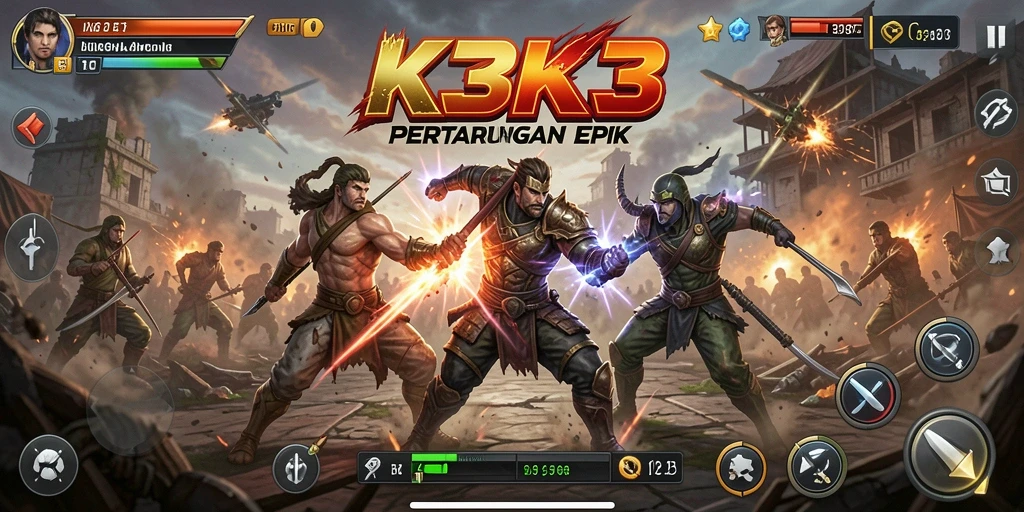 Gameplay K3K3 yang seru dan penuh aksi dalam pertarungan.