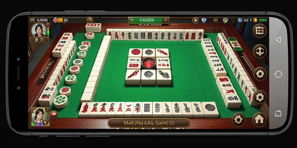 Screenshot gameplay KAKWIN menampilkan suasana permainan Mahjong yang mengasyikkan.
