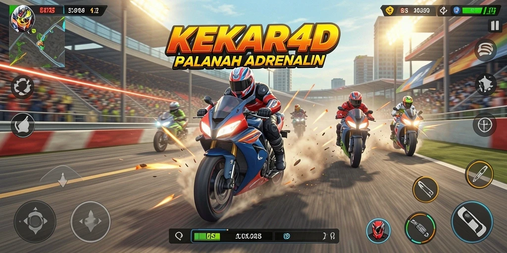 Tangkapan layar utama KEKAR4D menampilkan aksi balapan motor yang cepat dan mendebarkan.