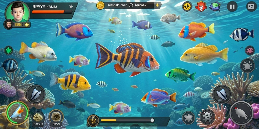 Tampilan gameplay yang mendebarkan dalam RPYYY saat menembak ikan.