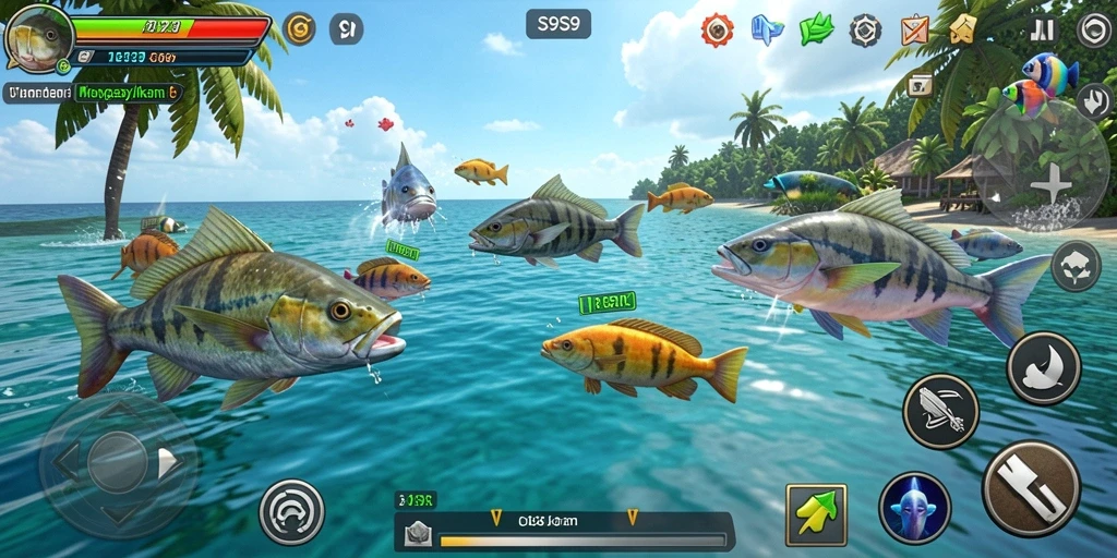 Tangkapan layar gameplay S9S9 yang menampilkan aksi tembak ikan yang seru.