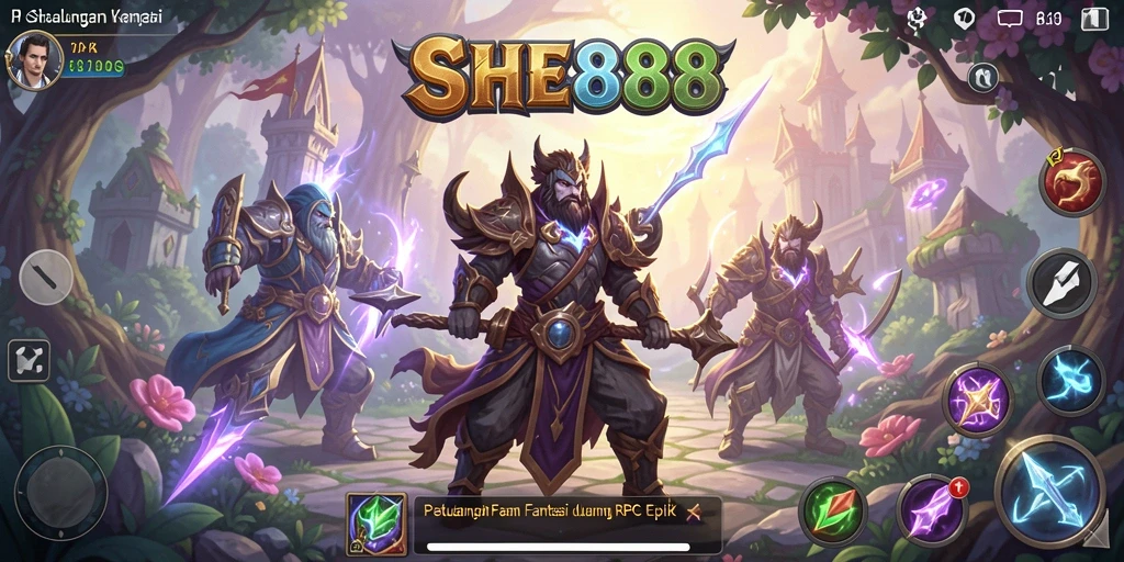 Screenshot utama SHE888 menampilkan pertempuran epik antara karakter utama dan musuh.